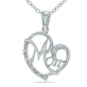 Cursive Mom Heart Diamond Necklace in.925 Sterling Silver- PDF61321