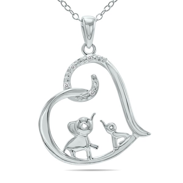 Double Elephant Enclosed in a Diamond Heart Necklace in.925 Sterling Silver- PDF61322