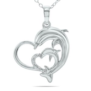 Double Dolphin Diamond Heart Necklace in.925 Sterling Silver- PDF61323