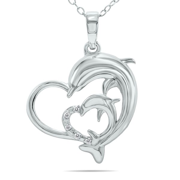Double Dolphin Diamond Heart Necklace in.925 Sterling Silver- PDF61323