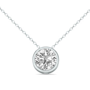 Lab Grown 1 Carat Round Solitaire Diamond Bezel Set Pendant in 14K White Gold- PDF61372LD
