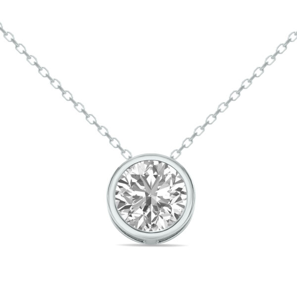 Lab Grown 1 Carat Round Solitaire Diamond Bezel Set Pendant in 14K White Gold- PDF61372LD