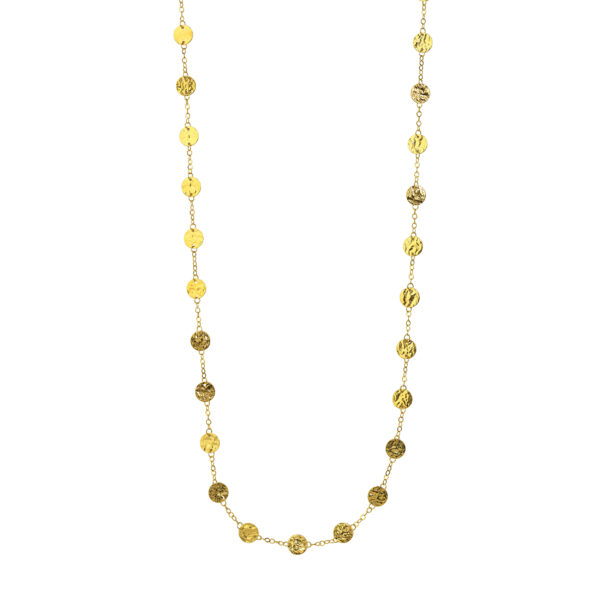 14K Solid Yellow Gold Long Chain Necklace with Hammered Discs- PDF61411