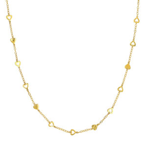 14K Solid Yellow Gold Mixed Hearts Station Curb Chain Necklace- PDF62239