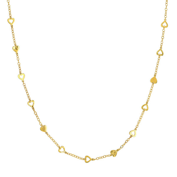 14K Solid Yellow Gold Mixed Hearts Station Curb Chain Necklace- PDF62239
