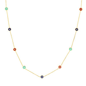 14K Solid Yellow Gold Mixed Enamel Round Evil Eye Station Adjustable Necklace- PDF62242