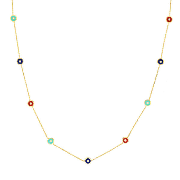 14K Solid Yellow Gold Mixed Enamel Round Evil Eye Station Adjustable Necklace- PDF62242