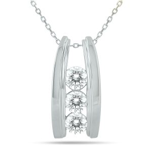1 Carat TW Bar Set Three Stone Diamond Pendant in 14k White Gold- PDF905114WD