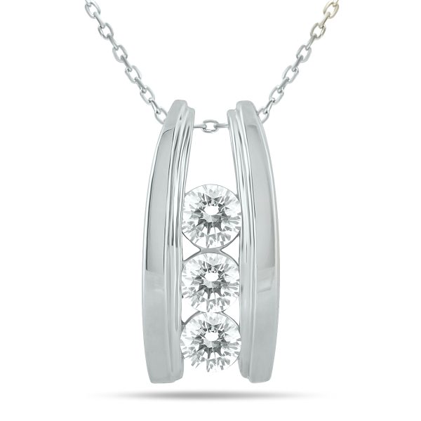 1 Carat TW Bar Set Three Stone Diamond Pendant in 14k White Gold- PDF905114WD