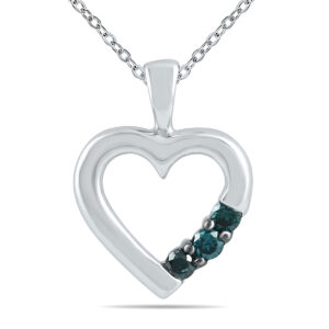 Three Stone Blue Diamond Heart Pendant in 10K White Gold- PDH12731BE