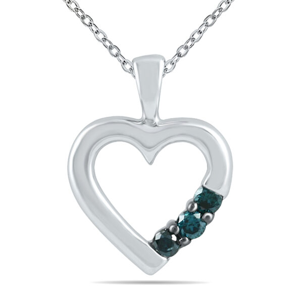 Three Stone Blue Diamond Heart Pendant in 10K White Gold- PDH12731BE