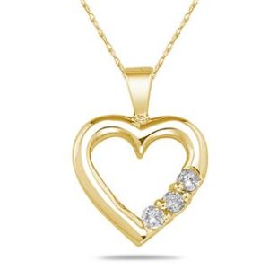 Three Stone Diamond Heart Pendant in 10K Yellow Gold- PDH7780