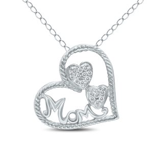 1/10 Carat TW Genuine Diamond Heart MOM Pendant in 14K White Gold- PDH8156