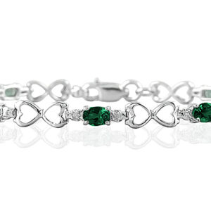 10k White Gold Emerald and Diamond Heart Link Bracelet- PRB12517EM