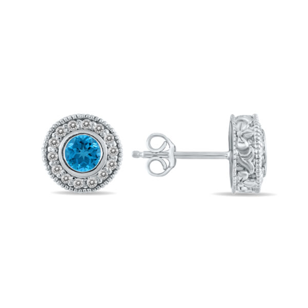1/2 Carat TW Blue Topaz and Diamond Bezel Set Earrings 10K White Gold- PRE12496BT