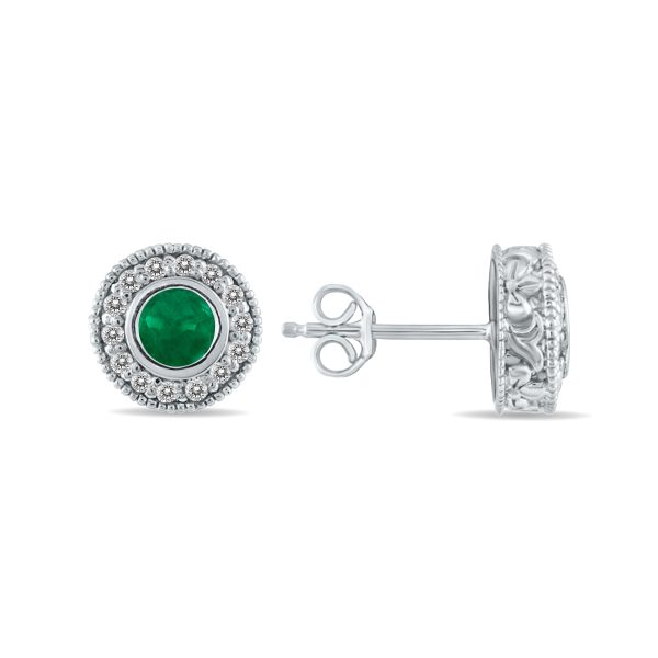 1/2 Carat TW Emerald and Diamond Bezel Set Earrings 10K White Gold- PRE12496EM