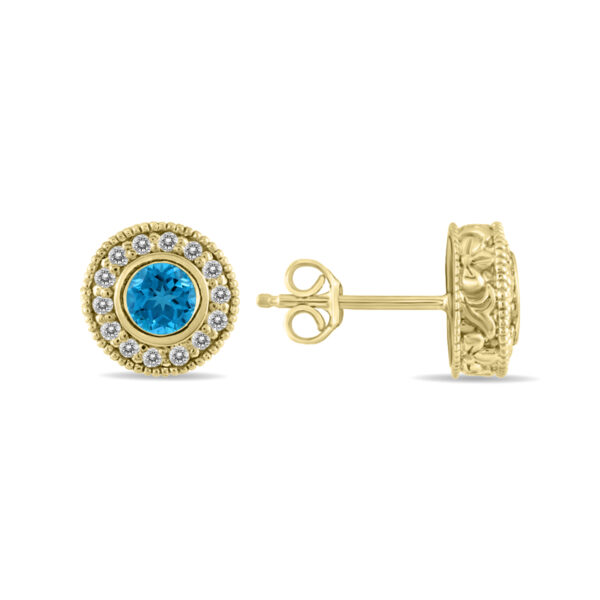 1/2 Carat TW Blue Topaz and Diamond Bezel Set Earrings 10K Yellow Gold- PRE12497BT