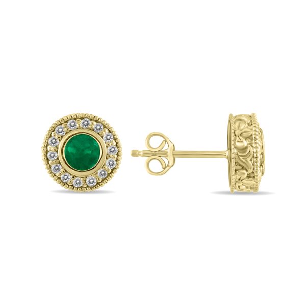 1/2 Carat TW Emerald and Diamond Bezel Set Earrings 10K Yellow Gold- PRE12497EM