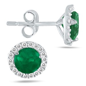 5MM Emerald and Genuine Diamond Stud Earrings in 14K White Gold- PRE12707EM