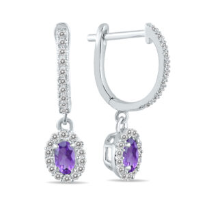 1/2 Carat Oval Amethyst and Diamond Halo Dangle Earrings in 10K White Gold- PRE55189AM