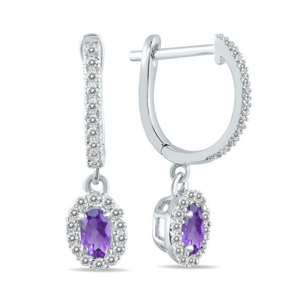 1/2 Carat Oval Amethyst and Diamond Halo Dangle Earrings in 10K White Gold- PRE55189AM