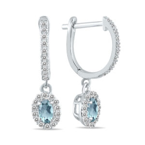 1/2 Carat Oval Aquamarine and Diamond Halo Dangle Earrings in 10K White Gold- PRE55189AQ