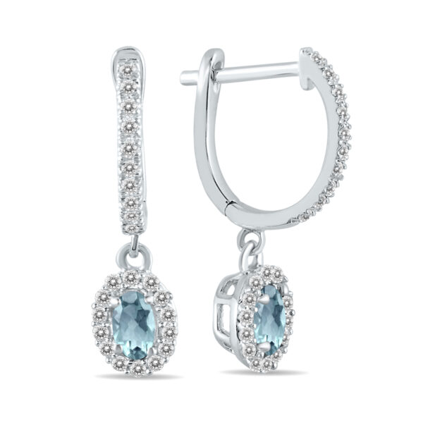 1/2 Carat Oval Aquamarine and Diamond Halo Dangle Earrings in 10K White Gold- PRE55189AQ