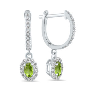 1/2 Carat Oval Peridot and Diamond Halo Dangle Earrings in 10K White Gold- PRE55189PD