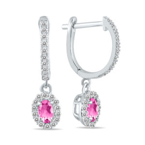 1/2 Carat Oval Pink Topaz and Diamond Halo Dangle Earrings in 10K White Gold- PRE55189PZ