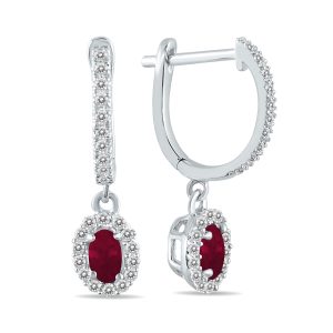 1/2 Carat Oval Ruby and Diamond Halo Dangle Earrings in 10K White Gold- PRE55189RB