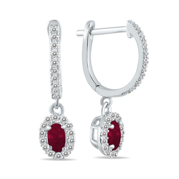 1/2 Carat Oval Ruby and Diamond Halo Dangle Earrings in 10K White Gold- PRE55189RB