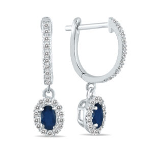 1/2 Carat Oval Sapphire and Diamond Halo Dangle Earrings in 10K White Gold- PRE55189SP