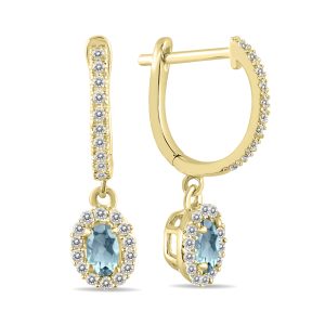 1/2 Carat Oval Aquamarine and Diamond Halo Dangle Earrings in 10K Yellow Gold- PRE55191AQ
