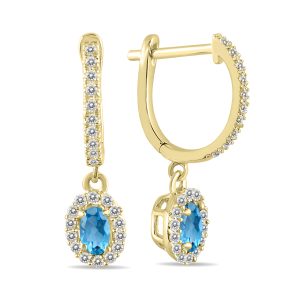 1/2 Carat Oval Blue Topaz and Diamond Halo Dangle Earrings in 10K Yellow Gold- PRE55191BT