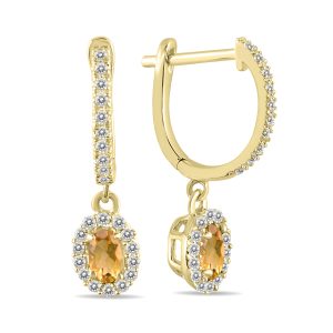 1/2 Carat Oval Citrine and Diamond Halo Dangle Earrings in 10K Yellow Gold- PRE55191CT