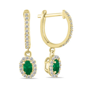 1/2 Carat Oval Emerald and Diamond Halo Dangle Earrings in 10K Yellow Gold- PRE55191EM