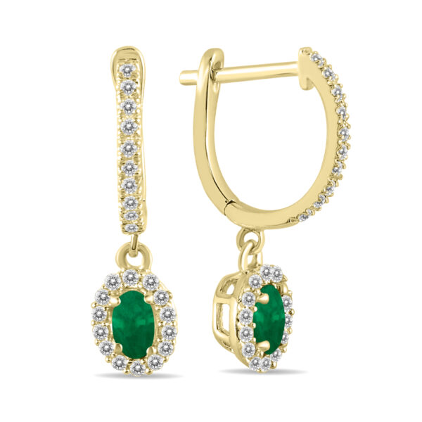 1/2 Carat Oval Emerald and Diamond Halo Dangle Earrings in 10K Yellow Gold- PRE55191EM