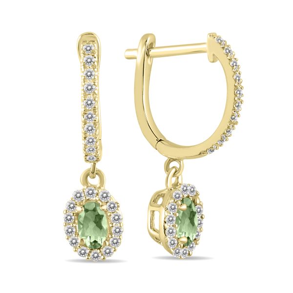 1/2 Carat Oval Green Amethyst and Diamond Halo Dangle Earrings in 10K Yellow Gold- PRE55191GA