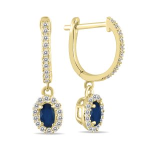 1/2 Carat Oval Sapphire and Diamond Halo Dangle Earrings in 10K Yellow Gold- PRE55191SP