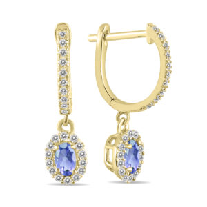 1/2 Carat Oval Tanzanite and Diamond Halo Dangle Earrings in 10K Yellow Gold- PRE55191TZ