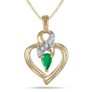 Pear Shaped Emerald and Diamond Ribbon Heart Pendant in 10k Yellow Gold- PRP1400EM