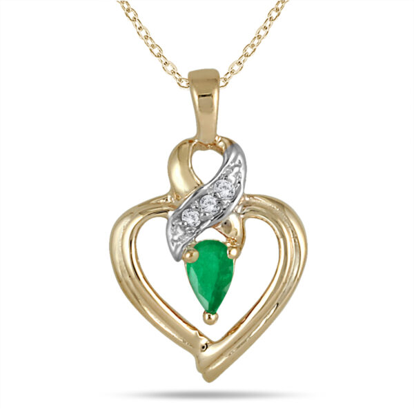 Pear Shaped Emerald and Diamond Ribbon Heart Pendant in 10k Yellow Gold- PRP1400EM