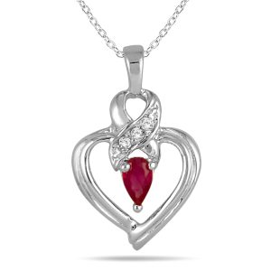 Ruby and Diamond Ribbon Heart Pendant in 10K White Gold- PRP3291RB