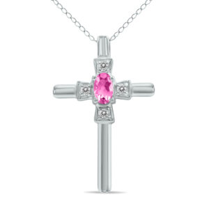 Pink Sapphire and Diamond Cross Pendant 10k White Gold- PRP4655PS