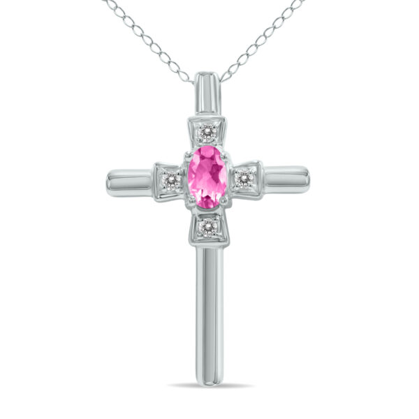 Pink Sapphire and Diamond Cross Pendant 10k White Gold- PRP4655PS