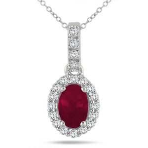6x4MM Oval Ruby and Diamond Halo Pendant in 10K White Gold- PRP55183RB