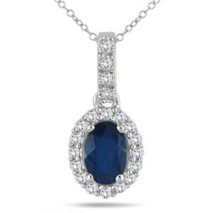 6x4MM Oval Sapphire and Diamond Halo Pendant in 10K White Gold- PRP55183SP