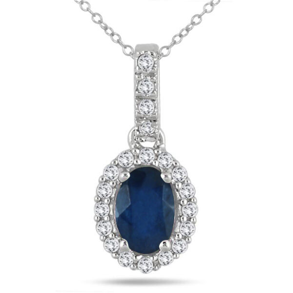 6x4MM Oval Sapphire and Diamond Halo Pendant in 10K White Gold- PRP55183SP