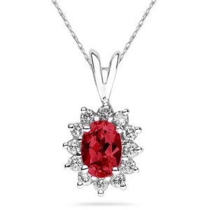 7X5mm Oval Shaped Ruby and Diamond Flower Pendant in 14k White Gold- PRP8362RB