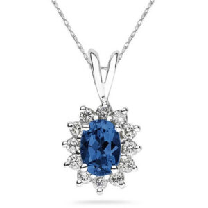7X5mm Oval Shaped Sapphire and Diamond Flower Pendant in 14k White Gold- PRP8362SP
